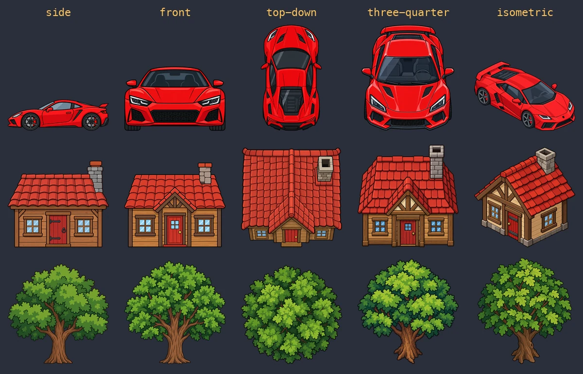 A car, a cottage and an oak tree, each drawn in five views. Side shows the car's profile and a flat elevation of the cottage. Front shows the car's nose and the cottage's front wall. Top-down shows the car's roof from directly above and the cottage almost entirely as roof, with a sliver of its front wall. Three-quarter looks down at the front of each, with the roof filling the top half. Isometric turns the car and the cottage 45 degrees, showing the top and two sides
