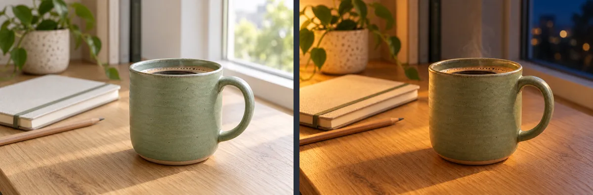 Two photos of the same sage green mug on an oak desk beside a notebook, a pencil and a potted plant. On the left in bright morning daylight with a green view through the window; on the right the same scene in the evening, lit warmly from the left, with a dark blue window, city lights and steam rising from the coffee