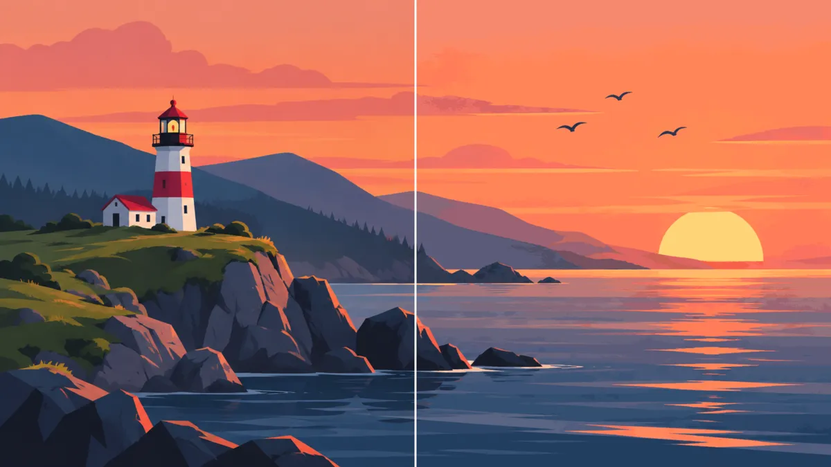 A flat vector illustration of a red and white lighthouse on a green cliff above the sea at sunset, split down the middle by a thin line. The left half is the full PNG and the right half the 64-colour version; they look the same