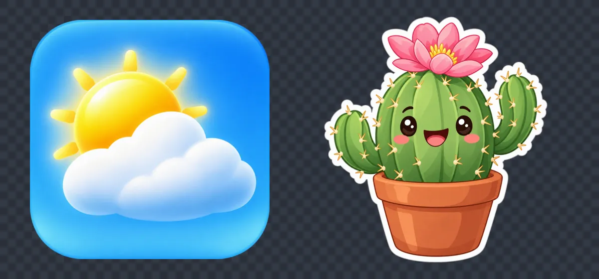 An app icon of a glossy sun behind a white cloud on a blue rounded square, and a sticker of a smiling potted cactus with a pink flower and a white border, both on a checkerboard that shows their transparent background